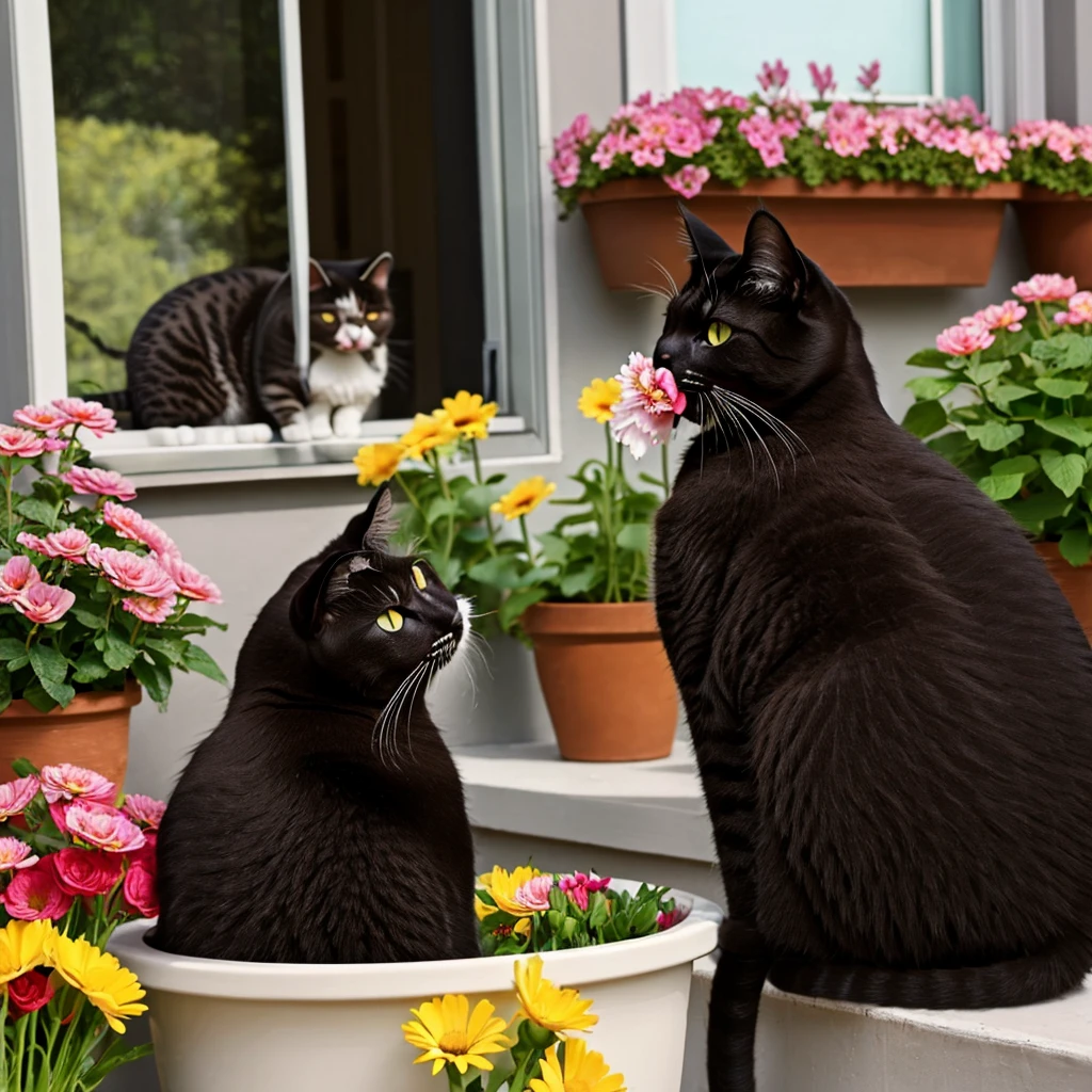 masterpiece, Best quality, ultra realistic image, ((cat eats flowers)), flowers in a pot, Flowers on the windowsill, Black fluffy cat