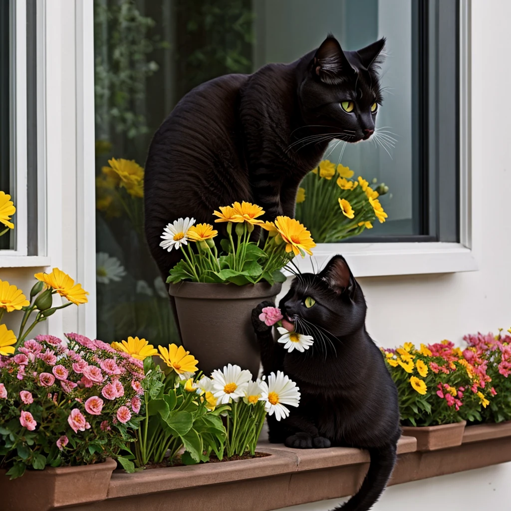 masterpiece, Best quality, ultra realistic image, ((cat eats flowers)), flowers in a pot, Flowers on the windowsill, Black fluffy cat