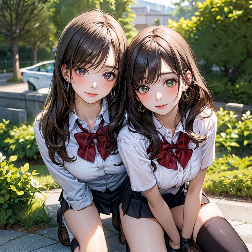 (masterpiece:1.2, top-quality), (realistic, photorealistic:1.4), beautiful illustration, (natural side lighting, movie lighting),
looking at viewer, cowboy shot, front view:0.6, 1 girl, japanese, high school girl, perfect face, cute and symmetrical face, shiny skin,
(long hair:1.8, straight hair:1.7, light brown hair), parted bangs, emerald green eyes, long eye lasher, (large breasts:0.9, thick thighs),
beautiful hair, beautiful face, beautiful detailed eyes, beautiful clavicle, beautiful body, beautiful chest, beautiful thigh, beautiful legs, beautiful fingers,
((, white collared shirts, black pleated mini skirt, black socks, brown loafers, red bow tie)), break, hoop ring earrings, pink panties, dark blue violet cardigan, break,
(beautiful scenery),
In a grassy field, a girl is on all fours, and a big dog is hugging her back from behind, and their bodies are piled on top of each other.
Her face is bright red and flushed with embarrassment.