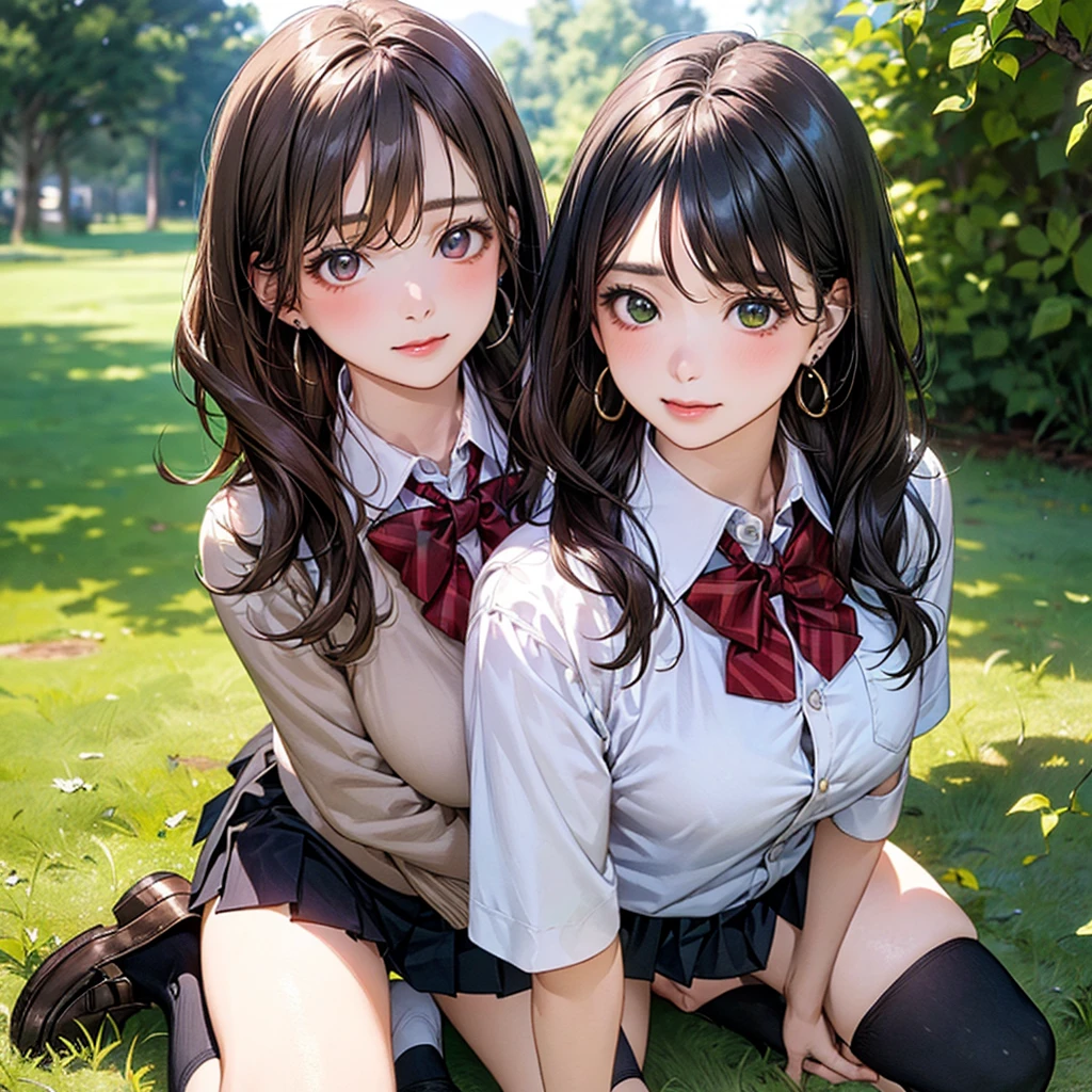 (masterpiece:1.2, top-quality), (realistic, photorealistic:1.4), beautiful illustration, (natural side lighting, movie lighting),
looking at viewer, cowboy shot, front view:0.6, 1 girl, japanese, high school girl, perfect face, cute and symmetrical face, shiny skin,
(long hair:1.8, straight hair:1.7, light brown hair), parted bangs, emerald green eyes, long eye lasher, (large breasts:0.9, thick thighs),
beautiful hair, beautiful face, beautiful detailed eyes, beautiful clavicle, beautiful body, beautiful chest, beautiful thigh, beautiful legs, beautiful fingers,
((, white collared shirts, black pleated mini skirt, black socks, brown loafers, red bow tie)), break, hoop ring earrings, pink panties, dark blue violet cardigan, break,
(beautiful scenery),
In a grassy field, a girl is on all fours, and a big dog is hugging her back from behind, and their bodies are piled on top of each other.
Her face is bright red and flushed with embarrassment.