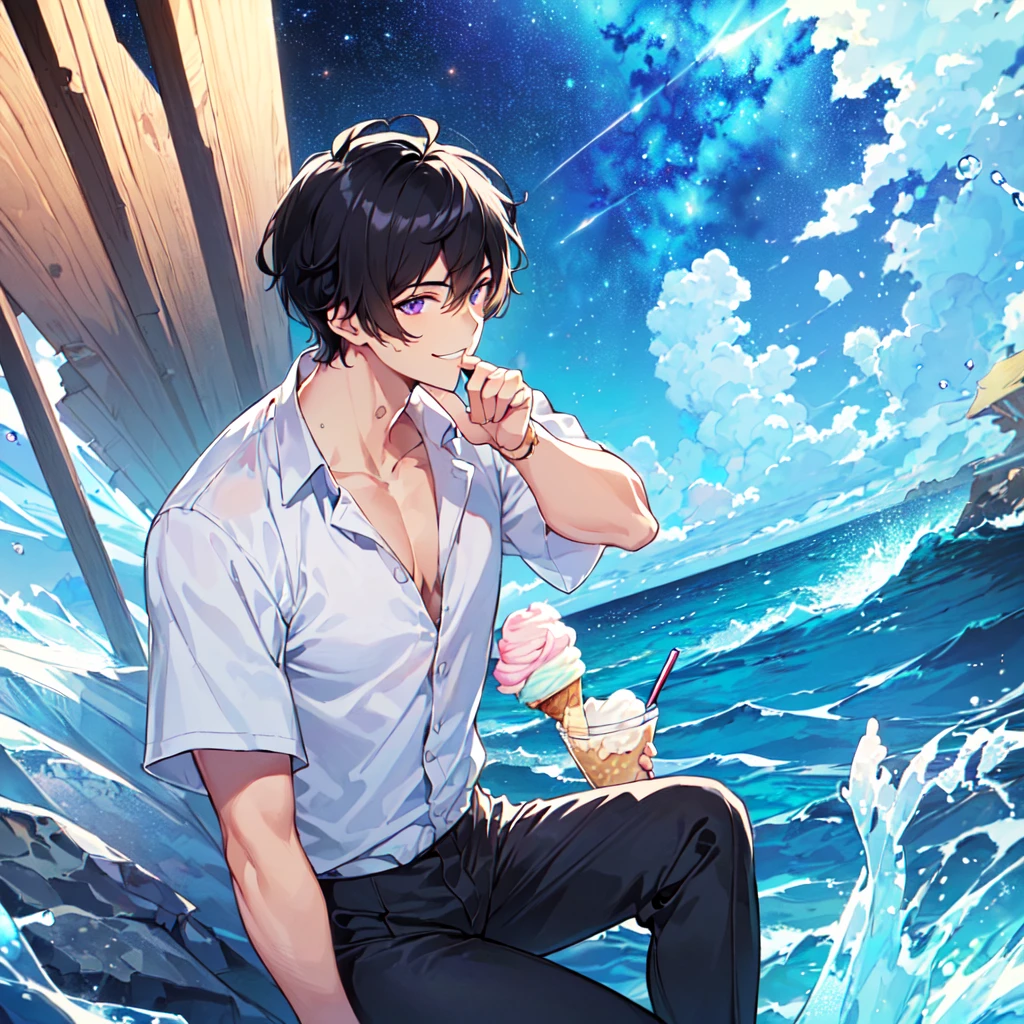 masterpiece,best quality,high quality,(1 male austere handsome solo adult age 30 years old:1.5), purple eyes, cool with suspended eyes, V-shaped eyebrows, body strong and fearless 8.5 head tall, height 185cm, (well-groomed black short hair down to neck:1.4), (bangs 7 thirds parted:1.4), slender nose, facial muscles, throat, (short-sleeved shirt and pants:1.3), (eating with soft ice cream), (stylish pose), (cool smile:1.3), (background ocean beach:1.3), (Milky Way Night Sky: 1.3)