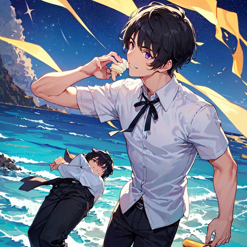 masterpiece,best quality,high quality,(1 male austere handsome solo adult age 30 years old:1.5), purple eyes, cool with suspended eyes, V-shaped eyebrows, body strong and fearless 8.5 head tall, height 185cm, (well-groomed black short hair down to neck:1.4), (bangs 7 thirds parted:1.4), slender nose, facial muscles, throat, (short-sleeved shirt and pants:1.3), (eating with soft ice cream), (stylish pose), (cool smile:1.3), (background ocean beach:1.3), (Milky Way Night Sky: 1.3)
