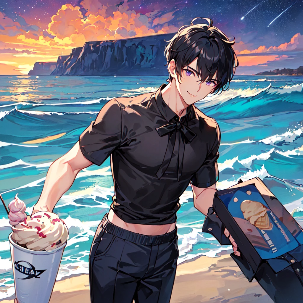 masterpiece,best quality,high quality,(1 male austere handsome solo adult age 30 years old:1.5), purple eyes, cool with suspended eyes, V-shaped eyebrows, body strong and fearless 8.5 head tall, height 185cm, (well-groomed black short hair down to neck:1.4), (bangs 7 thirds parted:1.4), slender nose, facial muscles, throat, (short-sleeved shirt and pants:1.3), (eating with soft ice cream), (stylish pose), (cool smile:1.3), (background ocean beach:1.3), (Milky Way Night Sky: 1.3)