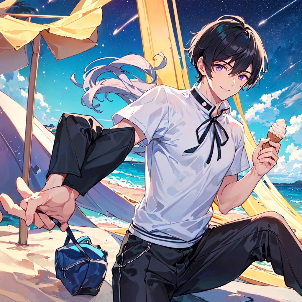 masterpiece,best quality,high quality,(1 male austere handsome solo adult age 30 years old:1.5), purple eyes, cool with suspended eyes, V-shaped eyebrows, body strong and fearless 8.5 head tall, height 185cm, (well-groomed black short hair down to neck:1.4), (bangs 7 thirds parted:1.4), slender nose, facial muscles, throat, (short-sleeved shirt and pants:1.3), (eating with soft ice cream), (stylish pose), (cool smile:1.3), (background ocean beach:1.3), (Milky Way Night Sky: 1.3)