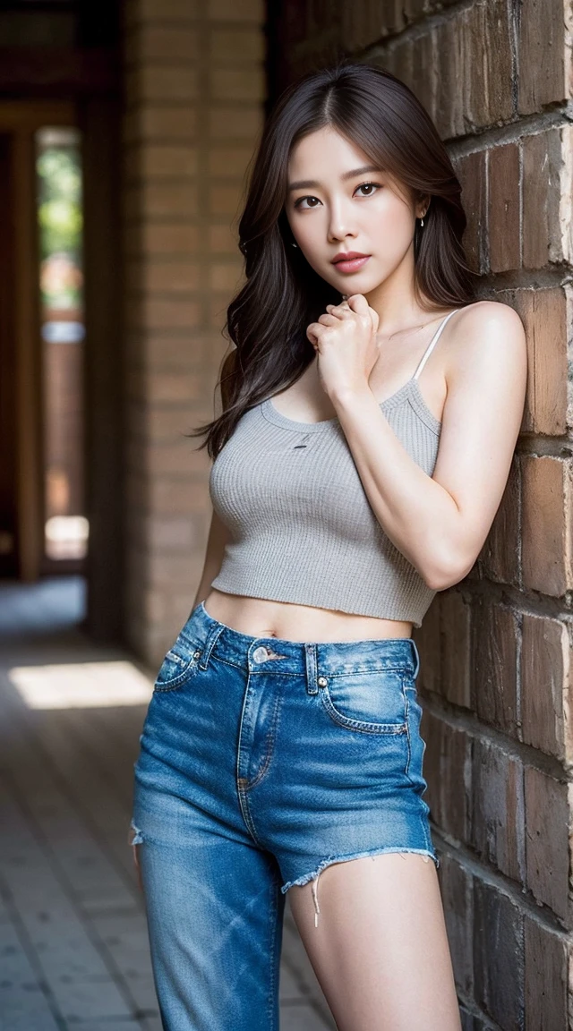 Dark brown hair、Light brown eyes、Japanese actress、 Lady、I40歳くらいです.、(Intricate details:1.2)、(Which is the top???:1.4)、 (Ultra-high resolution:1.2)、Ultra-high resolution、(Finely tuned)、(Detailed facial features)、Hmph、8K resolution、D cup size breasts、Long Hair、Enjoying the sun and shade in Los Angeles、relax、、,Full body photo、Head to toe shot、Beautiful feet、camisole、Denim pants、Blackpink Jenny　I、Take this photo、Beautiful feet、she, Fashion Hub, Attention to detail, Very detailed, Realistic, Hourglass Shaped Body, Obscene pose,Leaning against a wall、Place your head against the wall and lift your chin slightly.........、Poses that make you feel weak、Are crying、Deep sorrow、My eyes and cheeks are wet with tears、