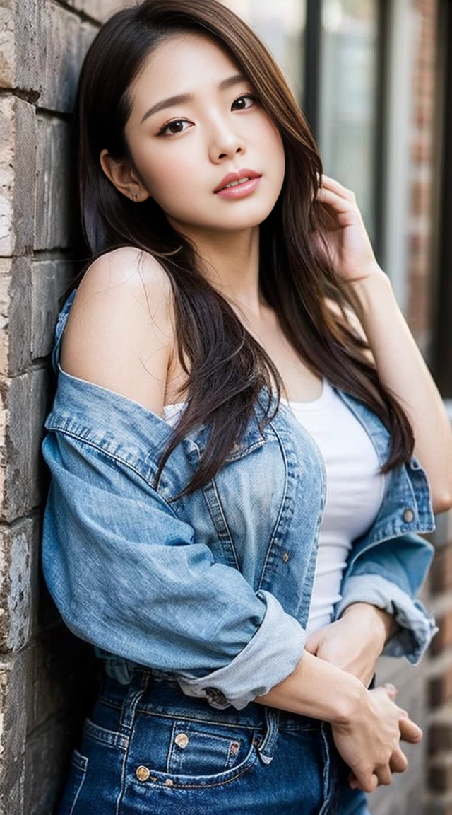 Dark brown hair、Light brown eyes、Japanese actress、 Lady、I40歳くらいです.、(Intricate details:1.2)、(Which is the top???:1.4)、 (Ultra-high resolution:1.2)、Ultra-high resolution、(Finely tuned)、(Detailed facial features)、Hmph、8K resolution、D cup size breasts、Long Hair、Enjoying the sun and shade in Los Angeles、relax、、,Full body photo、Head to toe shot、Beautiful feet、camisole、Denim pants、Blackpink Jenny I、Take this photo、Beautiful feet、she, Fashion Hub, Attention to detail, Very detailed, Realistic, Hourglass Shaped Body, Obscene pose,Leaning against a wall、Place your head against the wall and lift your chin slightly.........、Poses that make you feel weak、Are crying、Deep sorrow、My eyes and cheeks are wet with tears、