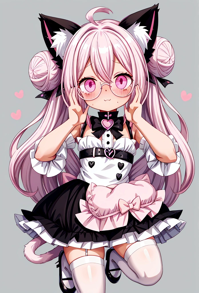 I have white pink hair, cat ears, a bun, my face is super blushing, black glasses, pink heart eyes, a Brazil, a skirt that has black straps, black stockings, white shoes, a cat's tail, a very girl Shy