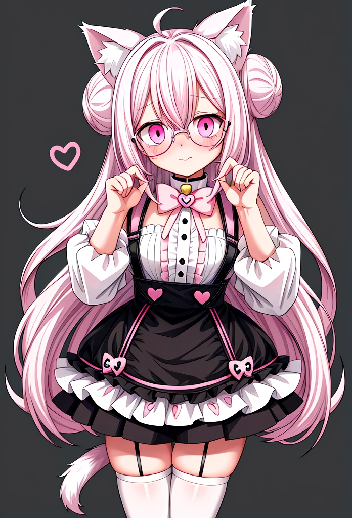 I have white pink hair, cat ears, a bun, my face is super blushing, black glasses, pink heart eyes, a Brazil, a skirt that has black straps, black stockings, white shoes, a cat&#39;s tail, a very girl Shy 