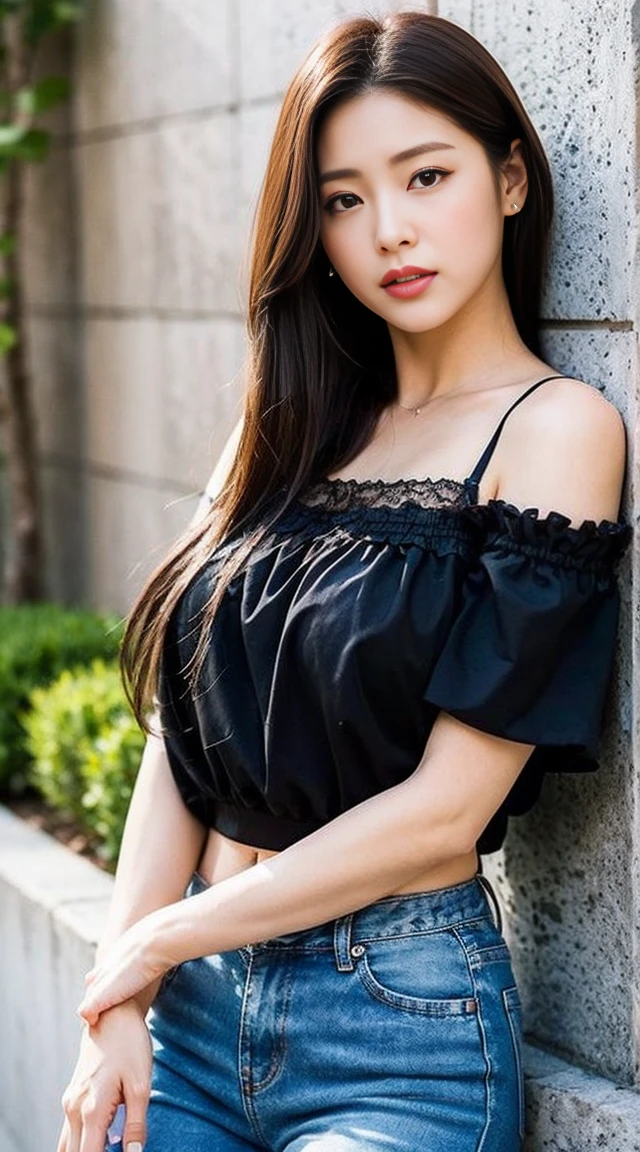 Dark brown hair、Light brown eyes、Japanese actress、 Lady、I40歳くらいです.、(Intricate details:1.2)、(Which is the top???:1.4)、 (Ultra-high resolution:1.2)、Ultra-high resolution、(Finely tuned)、(Detailed facial features)、Hmph、8K resolution、D cup size breasts、Long Hair、Enjoying the sun and shade in Los Angeles、relax、、,Full body photo、Head to toe shot、Beautiful feet、camisole、Denim pants、Blackpink Jenny　I、Take this photo、Beautiful feet、she, Fashion Hub, Attention to detail, Very detailed, Realistic, Hourglass Shaped Body, Obscene pose,Leaning against a wall、Place your head against the wall and lift your chin slightly.........、Poses that make you feel weak、Are crying、Deep sorrow、My eyes and cheeks are wet with tears、