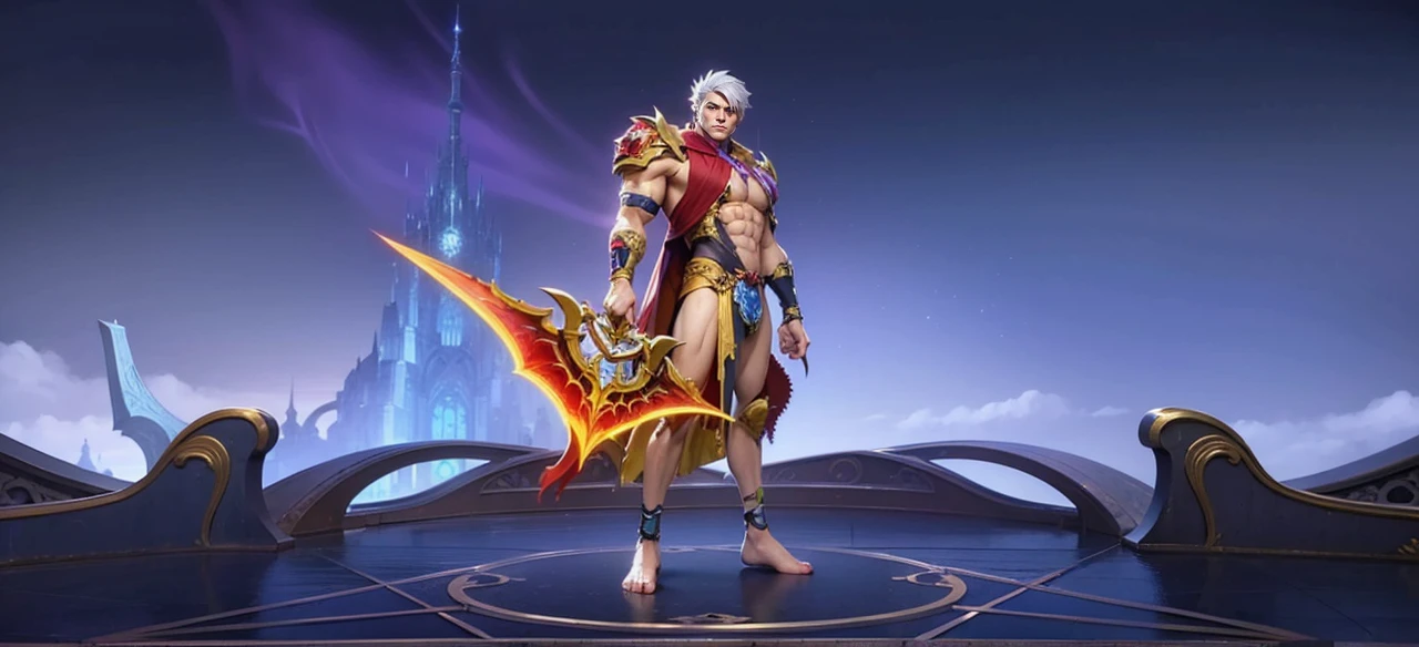 boy with purple hair and red shirt holding a purple ball, Masterpiece, ultra HD, detailed all picture, a close up of a devil, dyrroth from mobile legend, evil, extremely detailed artgerm, mobile legends character, inspired by Dyrroth, Six pack chest and abs, black jewel above the chest, strong red eyes, glare.