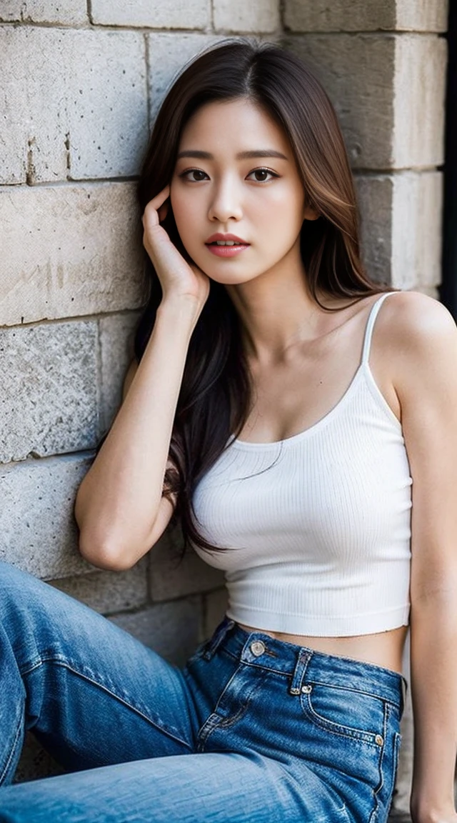Dark brown hair、Light brown eyes、Japanese actress、 Lady、I40歳くらいです.、(Intricate details:1.2)、(Which is the top???:1.4)、 (Ultra-high resolution:1.2)、Ultra-high resolution、(Finely tuned)、(Detailed facial features)、Hmph、8K resolution、D cup size breasts、Long Hair、Enjoying the sun and shade in Los Angeles、relax、、,Full body photo、Head to toe shot、Beautiful feet、camisole、Denim pants、Blackpink Jenny I、Take this photo、Beautiful feet、she, Fashion Hub, Attention to detail, Very detailed, Realistic, Hourglass Shaped Body, Obscene pose,Leaning against a wall、Place your head against the wall and lift your chin slightly.........、Poses that make you feel weak、Are crying、Deep sorrow、My eyes and cheeks are wet with tears、