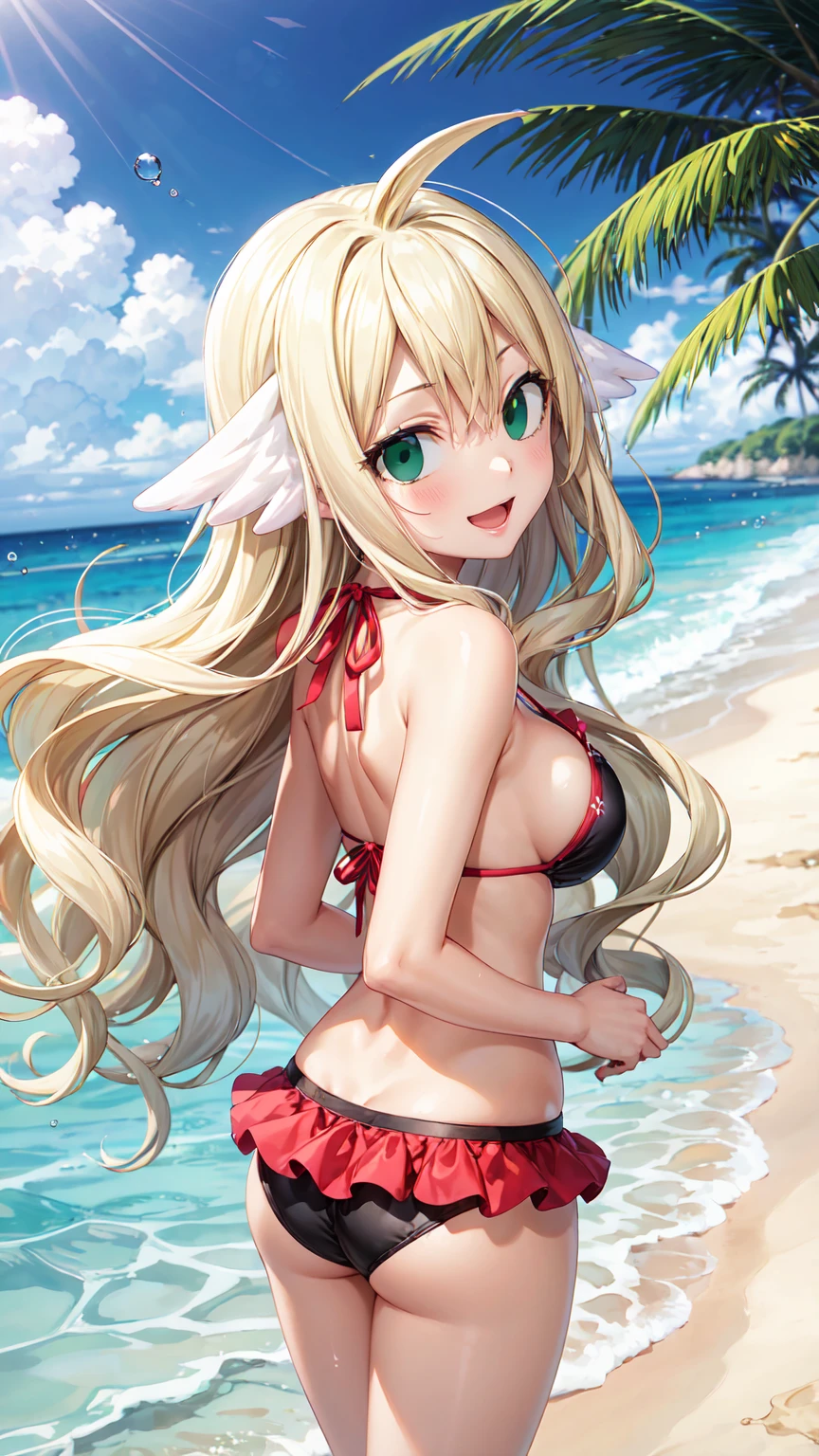 Masterpiece ,best quality , high resolution , (1 girl solo:1.38) , (mavis , long hair, blonde hair, (green eyes:1.5), ahoge, wavy hair) , (cleavage:1.2) , (medium breast:1.28) , (wear , bikini , strong wind , big wing , head tilt ) , (cleavage:1.15) , (big breast:1.1) , (face view , back view , looking back , from behind , look at view , smile , open mouth) , (standing) , (outdoor , in water , droplet , in sea , ocean , beach)