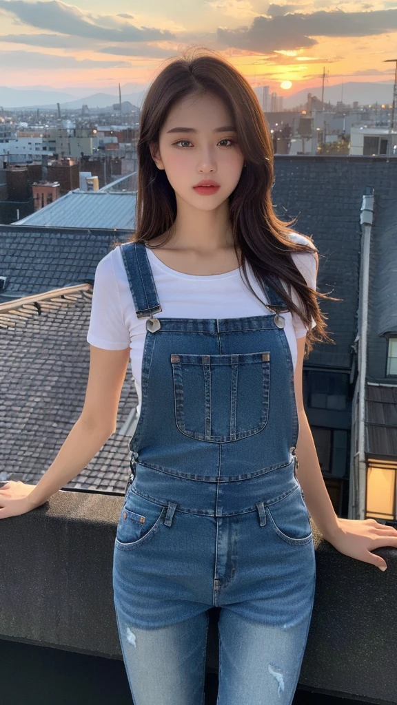 ((midnight, best quality, 8K, masterpiece :1.3)), whole body, Long legs, Clear focus :1.2, Beautiful woman with perfect body :1.4, Slim abdominal muscles :1.1, ((Dark brown hair, Large Breasts :1.2)), (White Tight Tee, Overalls Jeans, permanent:1.2), ((City night scene, roof:1.3)), Highly detailed face and skin textures, Delicate eyes, Double eyelids, Sunset, darken, Backlight, Off-shoulder