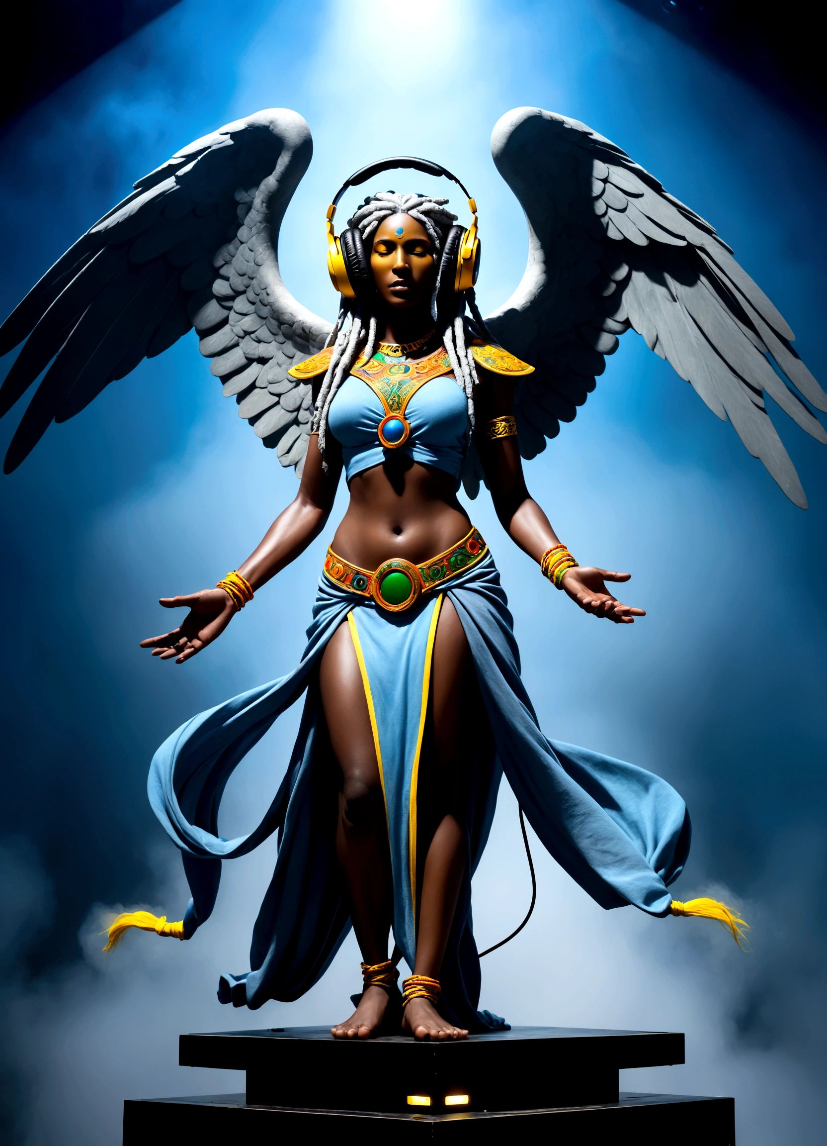 full body view with depth An epic a scaly skin,Rasta style hair out there, he wears a cord with mystical symbols, female sex a woman with old breasts illustration of a dark Entity. A tall humanoid muscular figure with unusual features such as white, plaster-like skin, slit mouth, no hair, slanted and larger-than-normal yellow eyes, and large, pointed ears, slender and strange, wearing blueish grey clothing. stands behind a soundboard swaying the audience while standing, with one hand adjusting the headphones and the other on the soundboard. Full body view style A DJ's toned body, thick fog around, a blue ray in the sky illuminates the fog. The figure must be in a dynamic pose, with one hand adjusting the headphones and the other on the soundboard. The sculpture must have the following characteristics: on the soundboard. full body style full shot view Headphones, 🎚️behind appear two guardian angels with vibrant colors one is holding a scale the other is crying a sword blindfolded