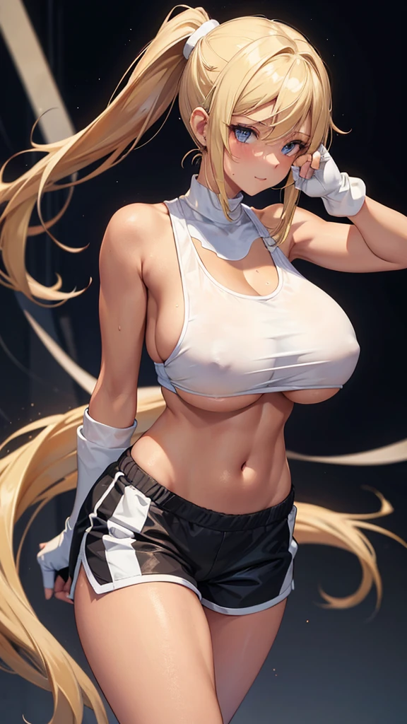 One woman,Big Breasts,Tanned blonde woman with long ponytail,White tank top showing her underboobs,Shorts,Open Finger Gloves,Gym