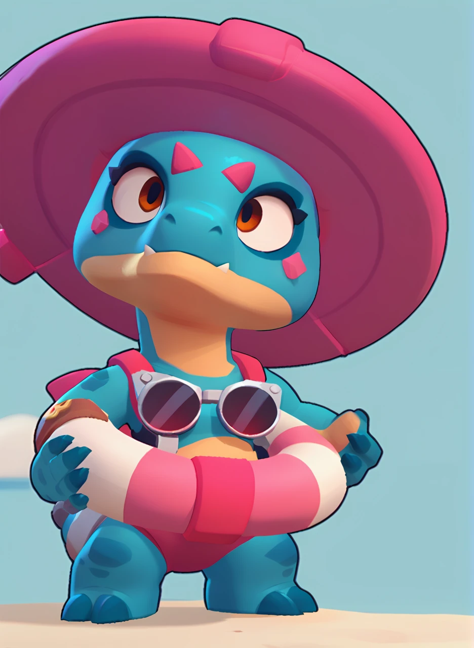 full view of a dinosaur, female, dark blue skin, friendly dinosaur, having a pink and white buoy, dinosaur animal, brawl, brawl stars