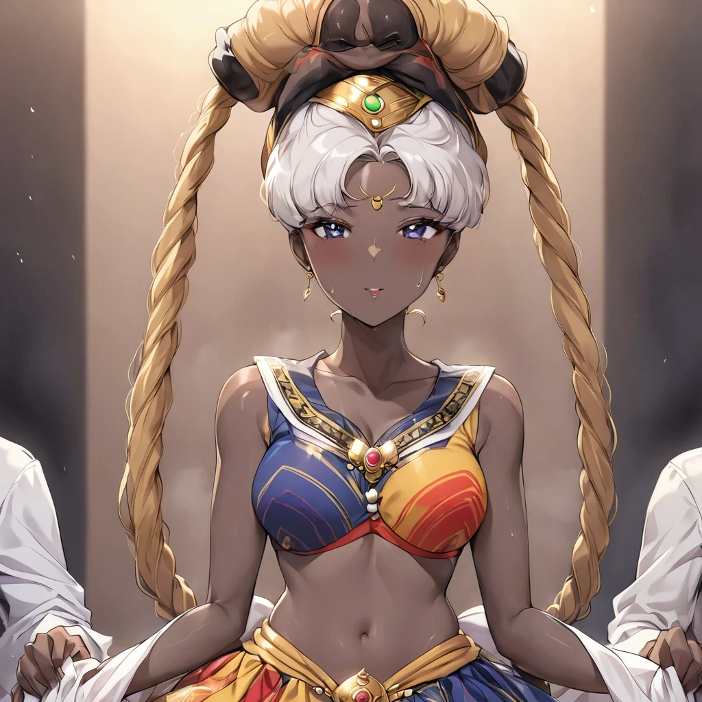 ((Highest quality)), ((masterpiece)), (detailed), (Perfect Face)、The woman is a Ghanaian born Tsukino Usagi with a vivid dark skin, black by birth, and is wearing a colorful Ghanaian dress from a Ghanaian village, a colorful turban head scarf, gorgeous jeweled accessories, and an engagement ring.、The woman is the elegant Tsukino Usagi, with her short black afro hair tied up in a Ghana braid, wearing a colorful Ghanaian dress and a colorful turban head scarf, with vibrant dark brown skin, a natural-born black person, and a natural-born Ghanaian, Tsukino Usagi.、(The woman is a black Ghanaian with vivid dark brown skin.)、A woman has sex with a man on a bed in a village in Ghana、The man is a naked, dignified, bearded, elderly Ghanaian village elder.、A woman marries an elder man and becomes his third wife.