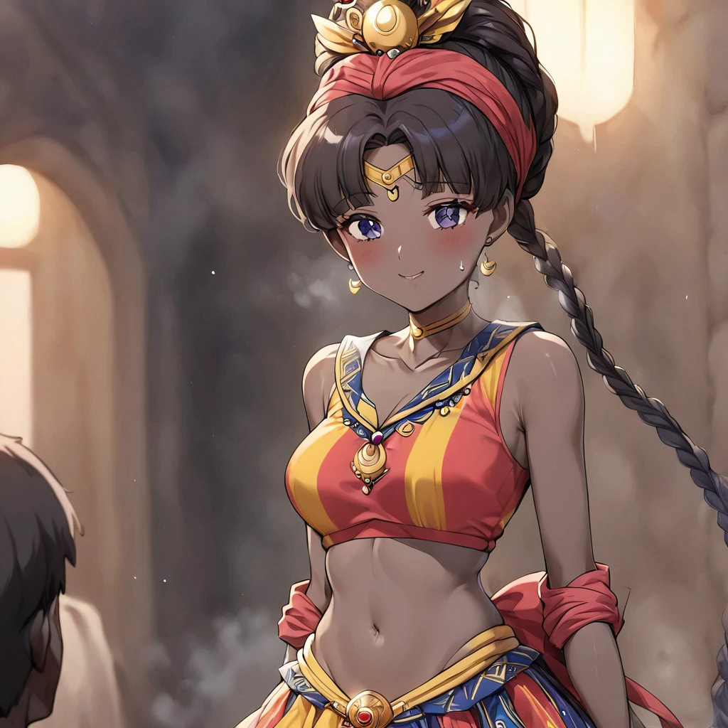 ((Highest quality)), ((masterpiece)), (detailed), (Perfect Face)、The woman is a Ghanaian born Tsukino Usagi with a vivid dark skin, black by birth, and is wearing a colorful Ghanaian dress from a Ghanaian village, a colorful turban head scarf, gorgeous jeweled accessories, and an engagement ring.、The woman is the elegant Tsukino Usagi, with her short black afro hair tied up in a Ghana braid, wearing a colorful Ghanaian dress and a colorful turban head scarf, with vibrant dark brown skin, a natural-born black person, and a natural-born Ghanaian, Tsukino Usagi.、(The woman is a black Ghanaian with vivid dark brown skin.)、A woman has sex with a man on a bed in a village in Ghana、The man is a naked, dignified, bearded, elderly Ghanaian village elder.、A woman marries an elder man and becomes his third wife.