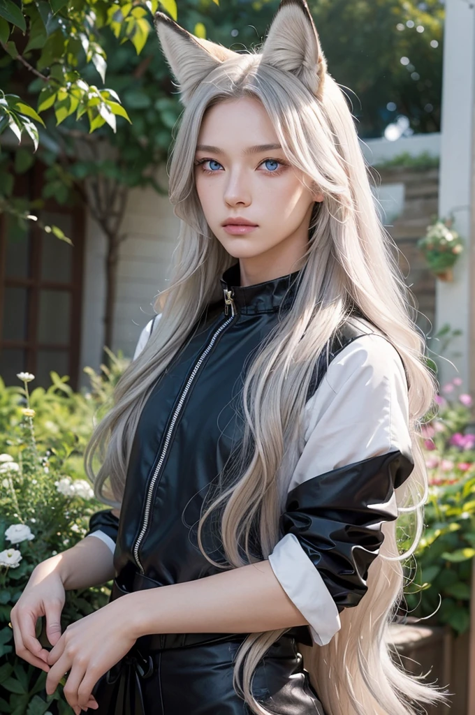 Androgynous young man, very long wavy blond hair, tight-fitting clothing, kemonomimi, fox ear, fox tail, different-colored eyes, light-colored eyes, long eyelashes, looking at camera, close-up portrait, man, garden, flower, one gray eye and one blue eye, bare torso.