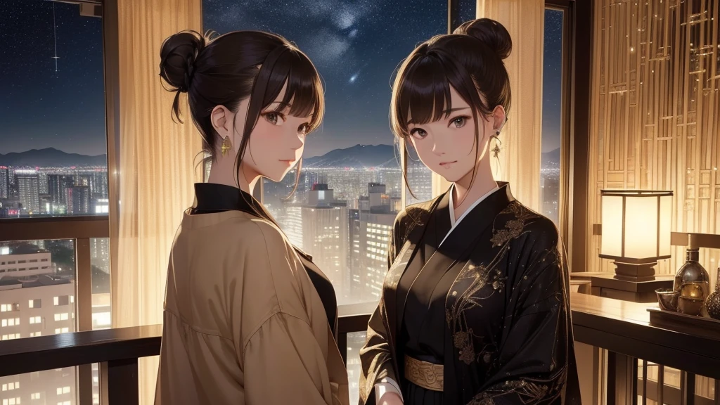 (Very detailed,High resolution,masterpiece:1.2)Night view from the balcony or terrace of a high-rise apartment building in Japan, Starry Sky、milky way、Tanabata bamboo decorations: Focus on women in their 20s to 40s with calm expressions. Light brown hair. She is wearing a jacket over a long-sleeved top.、Earring Accessories, bracelet, clock. .(Highest quality:1.2), Very detailed, High resolution, Tabletop:1,2, Vibrant colors, Bokeh, Professional Lighting, Physically Based Rendering, Flat Color:0.8, Fine 図, Realistic:1.37, Shinkai Makoto style, Your name style,long hair 、 Elegant update,ponytail,Hair Bun。。(masterpiece: 1,2)、(masterpiece: 1,2)、High resolution、超High resolution、Highest quality、High resolution、