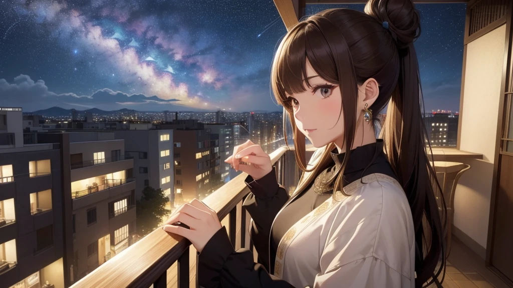 (Very detailed,High resolution,masterpiece:1.2)Night view from the balcony or terrace of a high-rise apartment building in Japan, Starry Sky、milky way、Tanabata bamboo decorations: Focus on women in their 20s to 40s with calm expressions. Light brown hair. She is wearing a jacket over a long-sleeved top.、Earring Accessories, bracelet, clock. .(Highest quality:1.2), Very detailed, High resolution, Tabletop:1,2, Vibrant colors, Bokeh, Professional Lighting, Physically Based Rendering, Flat Color:0.8, Fine 図, Realistic:1.37, Shinkai Makoto style, Your name style,long hair 、 Elegant update,ponytail,Hair Bun。。(masterpiece: 1,2)、(masterpiece: 1,2)、High resolution、超High resolution、Highest quality、High resolution、