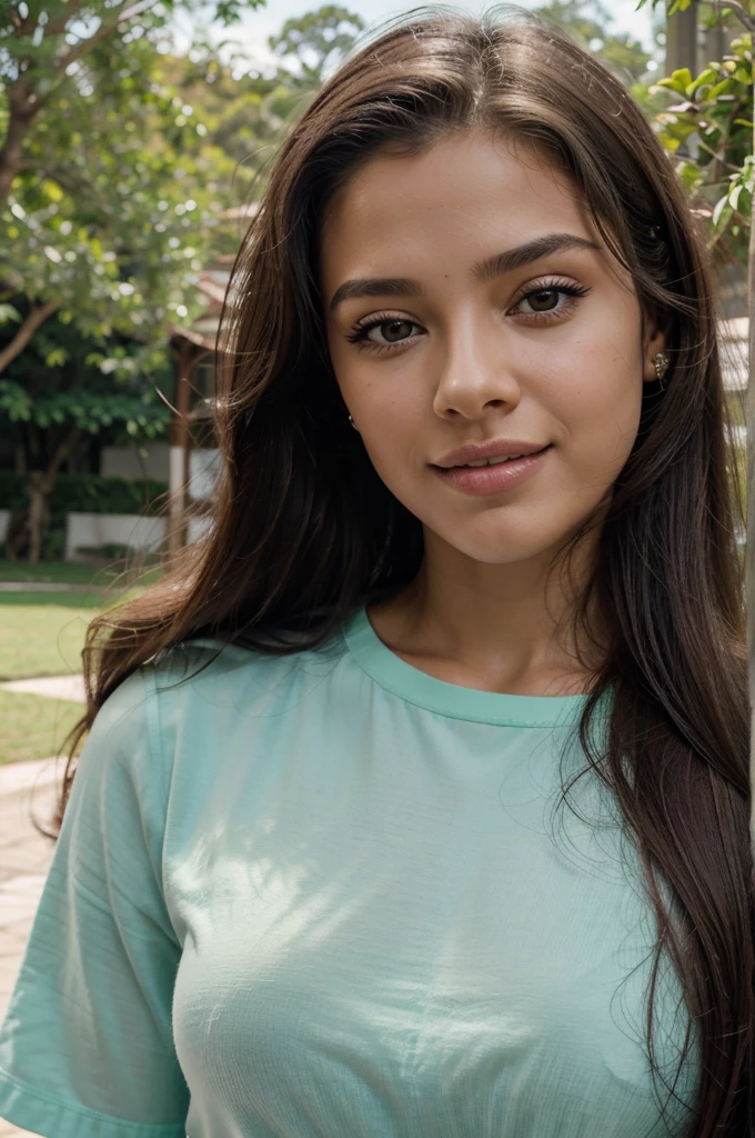 obra de arte, melhor qualidade, cinematic photo of 18 year old model [[[[decote em close]]]], [[[[boobgasmo]]]], [[[[colar]]]], [[[[ombros]]]], olhos perfeitos, Perfect iris，perfect lips，dentes perfeitos，Pele perfeita，com pele clara，luz frontal suave，HDR，Garota do cinema，cabelo loiro，Cabelo loiro puro，Casual，The background is outdoors，Green trees and flowers，（cor pastel：1.2）, fotografia, film, high resolution,corpo inteiro,e sonriza brillante