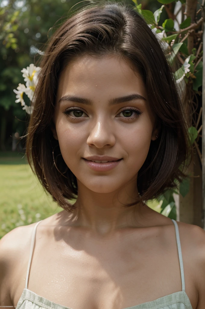 obra de arte, melhor qualidade, cinematic photo of 18 year old model [[[[decote em close]]]], [[[[boobgasmo]]]], [[[[colar]]]], [[[[ombros]]]], olhos perfeitos, Perfect iris，perfect lips，dentes perfeitos，Pele perfeita，com pele clara，luz frontal suave，HDR，Garota do cinema，cabelo loiro，Cabelo loiro puro，Casual，The background is outdoors，Green trees and flowers，（cor pastel：1.2）, fotografia, film, high resolution,corpo inteiro,e sonriza brillante