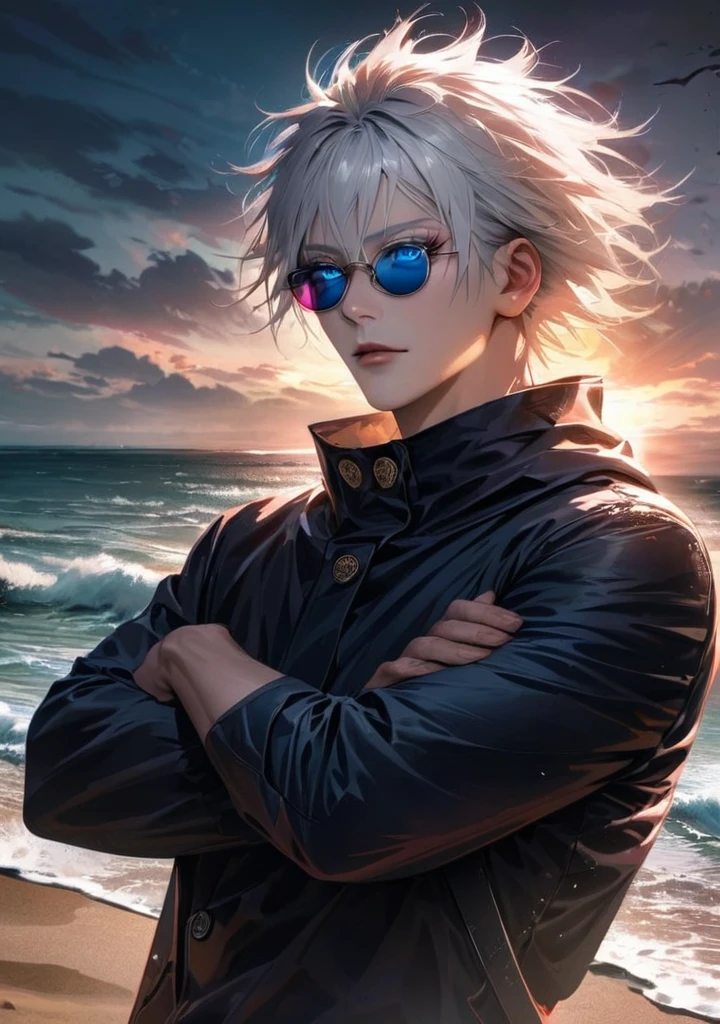 ultra detailed, HDR, master piece, best quality, extremely detailed face and eyes, perfect face, realistic face, beautiful eyes, Gojo Satoru, white hair with bangs, hair between the eyes, expressive blue eyes, white eyelashes, Jujutsu Kaisen, solo, man, handsome,Gojo Satoru, solo, on a beach at dawn, realistic style, standing with arms crossed, looking at the horizon, rim light on white hair, glowing eyes, sunglasses, highest quality, masterpiece