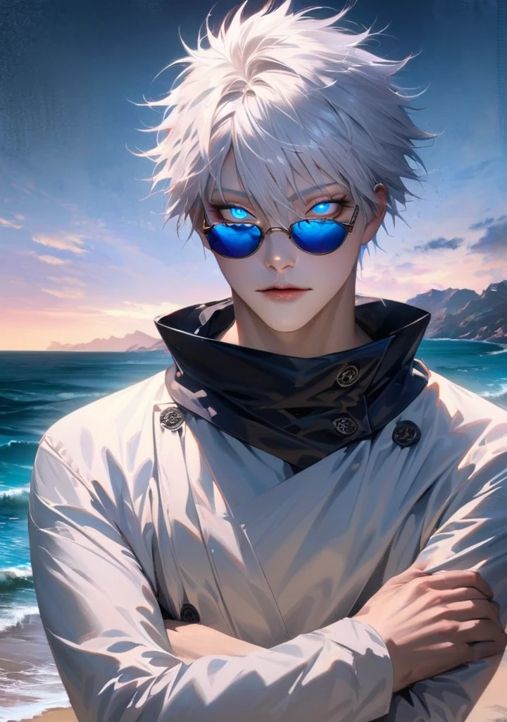 ultra detailed, HDR, master piece, best quality, extremely detailed face and eyes, perfect face, realistic face, beautiful eyes, Gojo Satoru, white hair with bangs, hair between the eyes, expressive blue eyes, white eyelashes, Jujutsu Kaisen, solo, man, handsome,Gojo Satoru, solo, on a beach at dawn, realistic style, standing with arms crossed, looking at the horizon, rim light on white hair, glowing eyes, sunglasses, highest quality, masterpiece