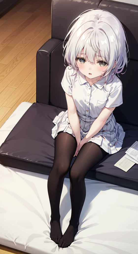 the best, masterpiece, high resolution, (Full body view from head to toe), Composed from the front and slightly below, Symmetrical composition, The composition of the whole body is precisely balanced、18 years old, Slender beautiful girl, Solitary, (Small Breasts), (No shoes),Messy hair, Bangs, (Black tights), (Black pantyhose), (Sitting on the floor), (Lying on the bed with legs open), Bind your arms,Hide behind you, (Composition showing white panties), (her legs are open、I can see white.), (Open your mouth,Show a painful expression), blush, Shy big eyes, Looking at the camera, suit, Plaid pleated skirt