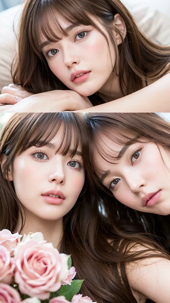 beautiful European woman, really has a European face. has wavy hazel brown hair and parted bangs. sharp sea blue eyes, sharp nose, soft pink lips, and slim has white skin, thick straight eyebrows, is sleeping in a pile of pink roses, is tied by a chain and his hands are also tied and bleeding.then add effects