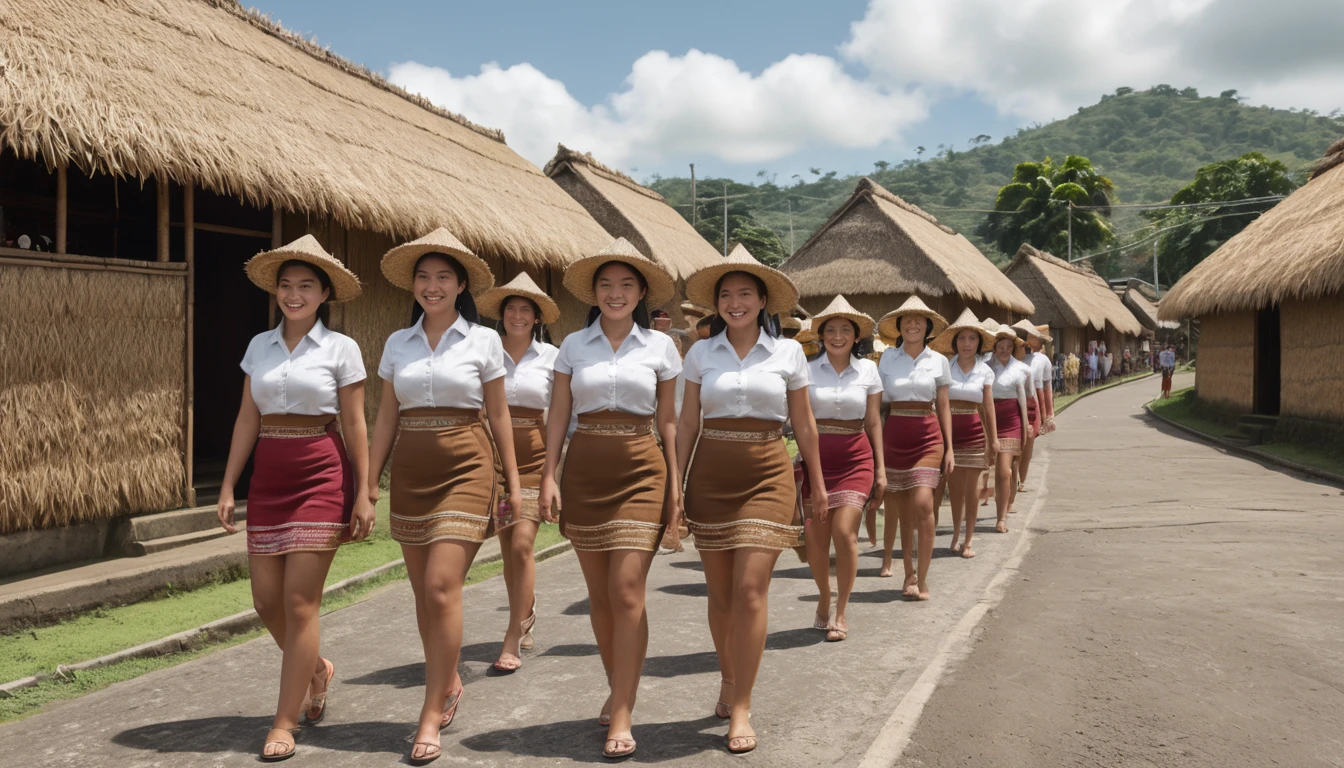 8k, best quality, worked: 1.2), (realistic, photo-realistic: 1.37), highly detailed, (7 girls), The realistic image shows a large group of short guatemalan women wearing short brown skirts and traditional dresses, walking between thatched-roof houses. The women in the image appear to be of different ages and short body shapes, and they are all wearing uniform, tight-fitting swimsuits. The background shows rows of houses or buildings whose roofs are made of natural materials such as straw or thatch, giving the impression of a traditional village or settlement. The atmosphere of this image looks like a parade or special event involving many female participants. , breasts, beautiful eye details, (traditional dress: 1.1), ((sexy)), curvy body, (full body), standing, sexy,