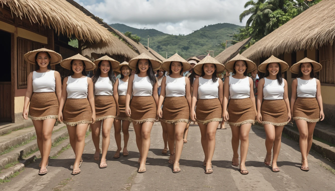 8k, best quality, worked: 1.2), (realistic, photo-realistic: 1.37), highly detailed, (7 girls), The realistic image shows a large group of short guatemalan women wearing short brown skirts and traditional dresses, walking between thatched-roof houses. The women in the image appear to be of different ages and short body shapes, and they are all wearing uniform, tight-fitting swimsuits. The background shows rows of houses or buildings whose roofs are made of natural materials such as straw or thatch, giving the impression of a traditional village or settlement. The atmosphere of this image looks like a parade or special event involving many female participants. , breasts, beautiful eye details, (traditional dress: 1.1), ((sexy)), curvy body, (full body), standing, sexy,