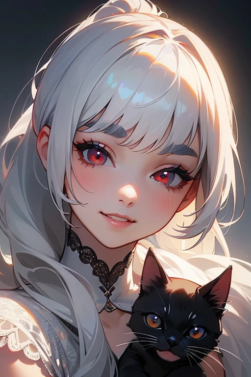 (Highest quality, masterpiece:1.2), (High resolution, 最高masterpiece).(difficult).Very detailed, Realistic:1.37, Fantasy, An illustration,Gray Hair、 Red eyes、Queen, White and blue dress、beautifully、Eyeshadow Red、Thick eyebrows、Long eyelashes、pupils are black、shiny on the lips、Top Sites、Queen、Princess、A kind smile、Show your teeth a little and smile、Soft impression、people々々Loved by、Slimming the face、Shoulder Bare、ponytail、Kissing Face、Long white hair、Shaggy Bangs、Save face image、Lace Underwear、sexy、(Black kitten)