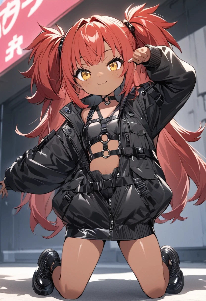 full body,1 girl,(cute:1.3),red Hair, left eye blue, right eye yellow, tan skin, freckles,｛stylish and edgy outfit, techwear,chest harness, O ring choker, oversized jacket, Glossy, shiny material, cute pose