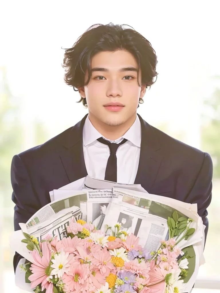 a boys holding a bouquet of flowers and a newspaper