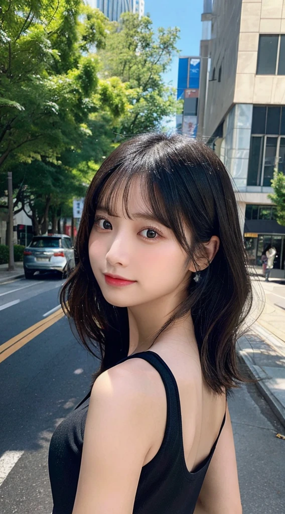 Tabletop, Highest quality, Very detailed, In detail, High resolution, In 8K, Perfect dynamic composition, Beautiful attention to detail, Natural Lip, delicate、Black tank top、Ezvian Everywhere 、plump　、beauty　、Beautiful black hair、Medium Straight Hair、delicateな目、delicateな目元、Highest quality、roadside、blue sky、Looking back