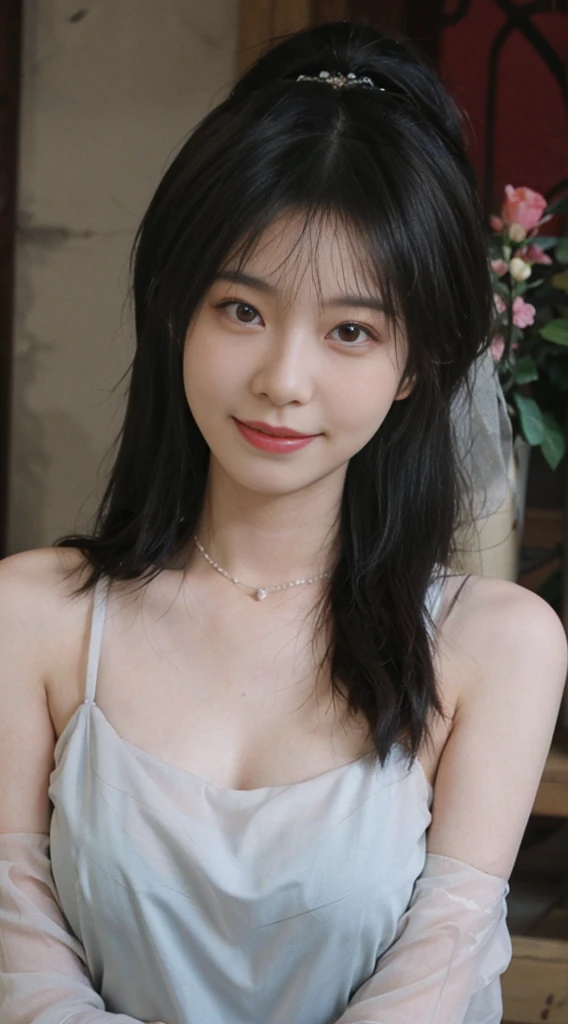 best qualtiy, Ultra-high resolution, (realisticlying:1.4),cute hairpin,Baoyu Girl,Stand in the wedding hall,Blushlush,Wearing a red wedding dress,(flatchest:1.1) ,A pair of clear and moving peach blossom eyes,Royal Sister,sunshine on face,Ponytail hairstyle,(choker necklace:1.2),(Fair skin:1.4),a sense of atmosphere,a beauty girl, Charming smile,head straight-looking at viewer, closeup cleavage ,(Photorealistic:1.4),sexly,(Upper body:1.4),(Wet body),(:1.2)