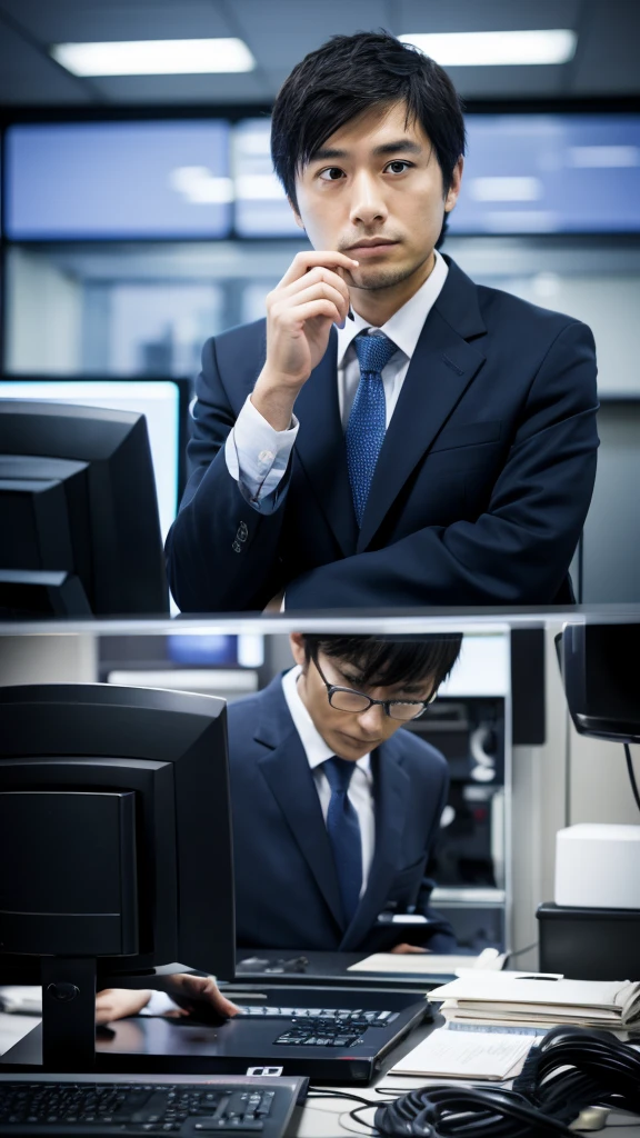 photograph、Only one person in the photo、A 30-year-old Japanese man in a suit working on a computer、Not looking at the camera、Realistic photograph、Troubled expression