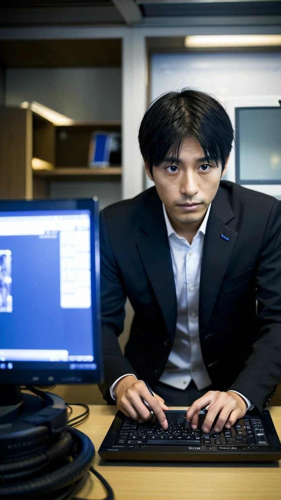 photograph、Only one person in the photo、A 30-year-old Japanese man in a suit working on a computer、Not looking at the camera、Realistic photograph、Troubled expression