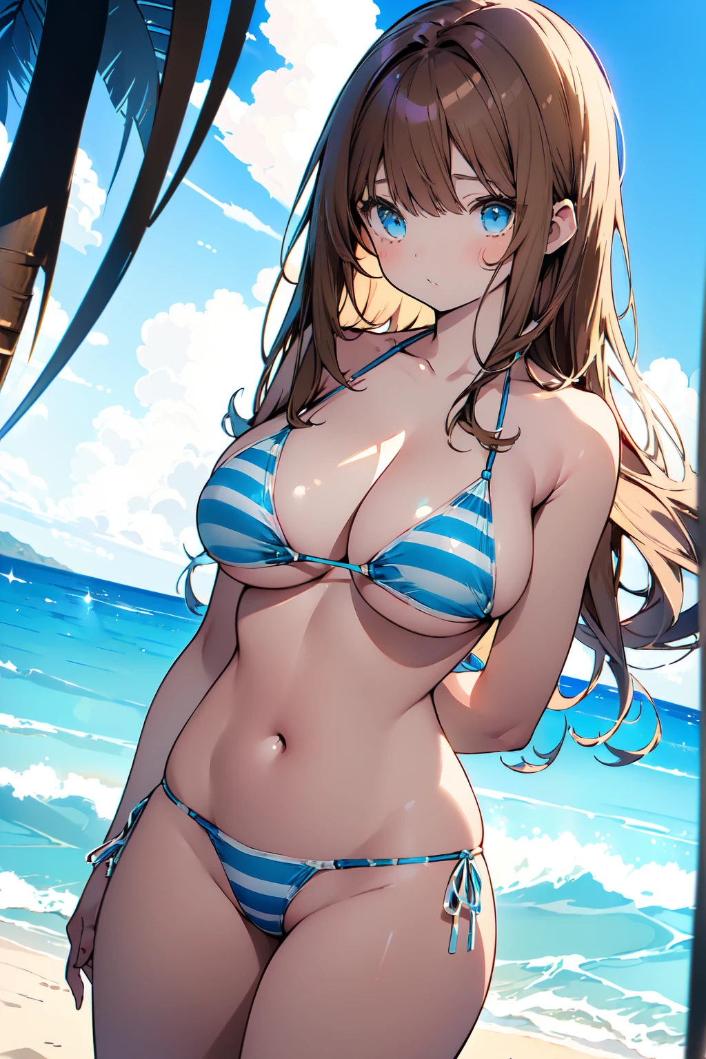 NSFW、Big Breasts、(quality))、((masterpiece))、(This is a close-up shot of a young anime girl in a bikini on the beach:1.4)、(solo:1.4)、(One girl:1.4)、(Long brown hair:1.3)、(blue eyes:1.2)、(Blue and white striped bikini top:1.3)、(Blue and white striped bikini bottoms:1.2)、(belly button:1.1)、Recommended results、Plump nipples、(Transparency:1.5)、Stand up straight、Abdominal muscles、Huge bust、Angle to floor:1.2、Low camera angle、Groin hair removal、