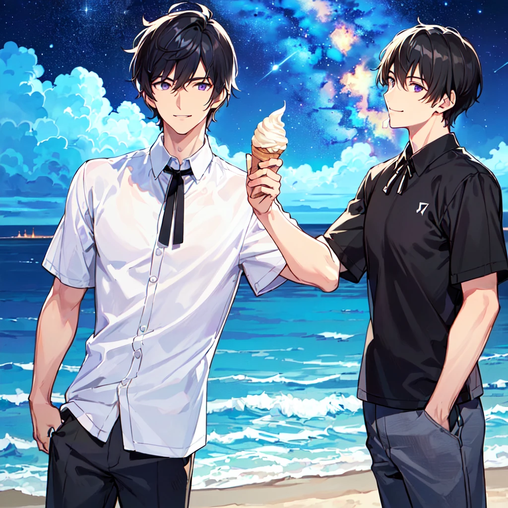 masterpiece,best quality,high quality,(1 male austere handsome solo adult age 30 years old:1.5), purple eyes, cool with suspended eyes, V-shaped eyebrows, body strong and fearless 8.5 head tall, height 185cm, (well-groomed black short hair down to neck:1.4), (bangs 7 thirds parted:1.4), slender nose, facial muscles, throat, (short-sleeved shirt and pants:1.3), (eating with soft ice cream), (stylish pose), (cool smile:1.3), (background ocean beach:1.3), (Milky Way Night Sky: 1.3)