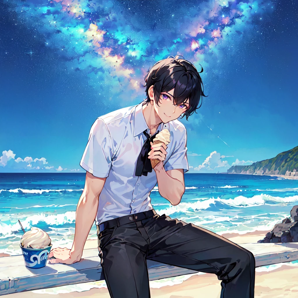 masterpiece,best quality,high quality,(1 male austere handsome solo adult age 30 years old:1.5), purple eyes, cool with suspended eyes, V-shaped eyebrows, body strong and fearless 8.5 head tall, height 185cm, (well-groomed black short hair down to neck:1.4), (bangs 7 thirds parted:1.4), slender nose, facial muscles, throat, (short-sleeved shirt and pants:1.3), (eating with soft ice cream), (stylish pose), (cool smile:1.3), (background ocean beach:1.3), (Milky Way Night Sky: 1.3)