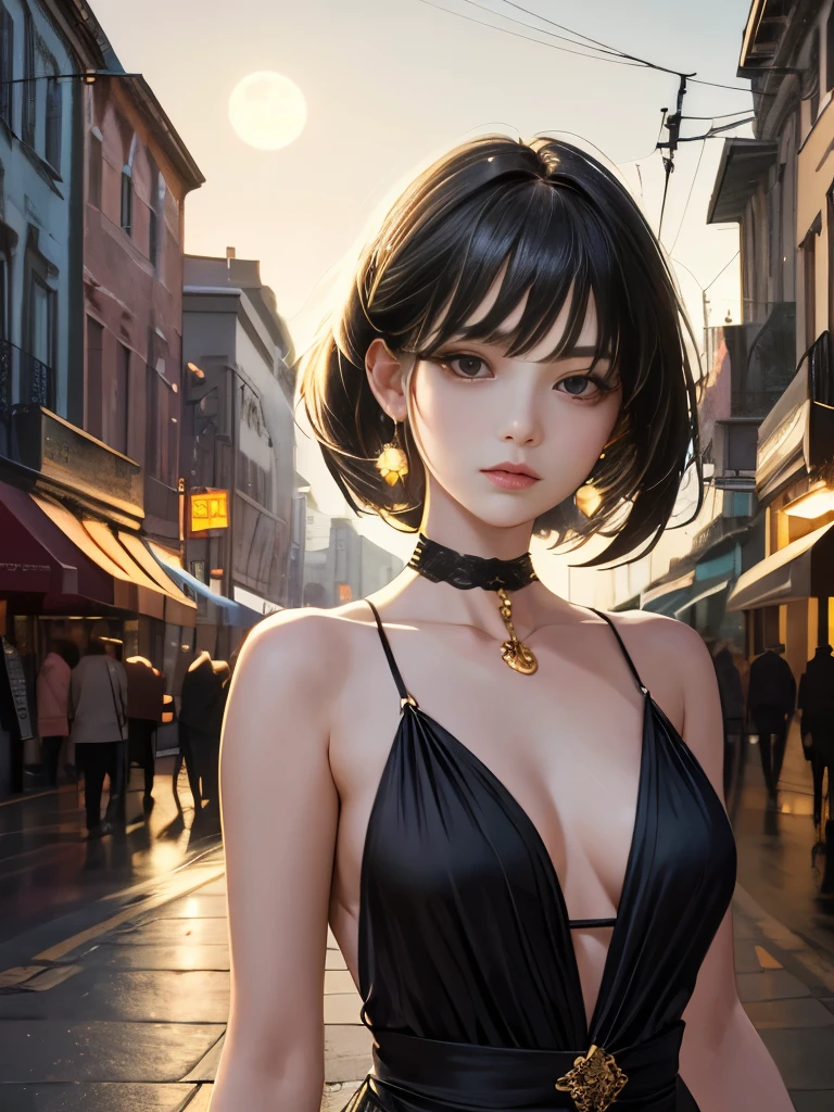 (Half Body Shot,Street lamp,moon),masterpiece, One girl, Solo Exhibitions, Beautiful woman on a busy street, Surrounded by peddlers, Beautiful Goddess Girl Portrait, Beautiful and elaborate face, Porcelain-like skin, (((Bust Shot, center, night, Black Hair, short hair)), Very soft lighting, Symmetric, complicated, grace, High detail, realism, art, concept art,