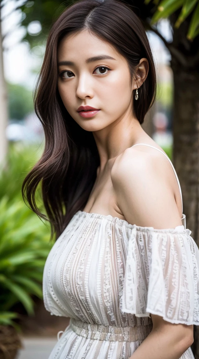 Dark brown hair、Light brown eyes、Japanese actress、 Lady、I am about 40 years old..、(Intricate details:1.2)、(Which one is on top??:1.4)、 (Ultra-high resolution:1.2)、Ultra-high resolution、(Finely tuned)、(Detailed facial features)、Hmph、8K resolution、D cup size breasts、Long Hair、1 Girl, A look of deep sadness, (Very detailed美しい顔), (loose fitting dress :1.5),(Bare shoulders:1.3), (Highest quality:1.4), (Very detailed)、Beautiful white skin, Angle from below、 Please open your mouth a little、I can see your legs、Pose of Weakness、Obscene pose、Street fashion、Very sandals、Cut-out Design、Are standing、Los Angeles streets、Ocean、Coconut Tree、Turn your ass towards me、