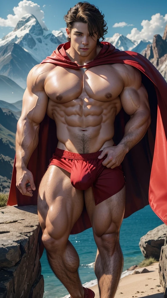 (muscular cute beautiful young boy Arion), huge strong biceps volume, enormous round exposed chest muscles volume, strong muscular legs, exposed abs skin, tight blue trunks, red cape, high thighs, huge cock bulge, mountains background, wavy hair, oiled up reflective skin, sexy body