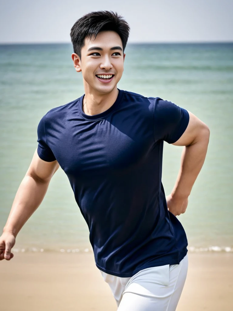 (Create a masterpiece: 1.2),(CGI art:1.3),(realistic:1.5),(After processing:1.3), (Sharp focus:1.3), 1 man, open mouth, smile, (Navy blue round neck shirt), Navy cargo pants, Korean guy , korean men, (High gloss details), chest muscles, large arm muscles, blood vessel, Big muscles, Broad shoulders, looking at the audience, Balancing the eyes, Seaside, beach, sunlight, running towards the camera