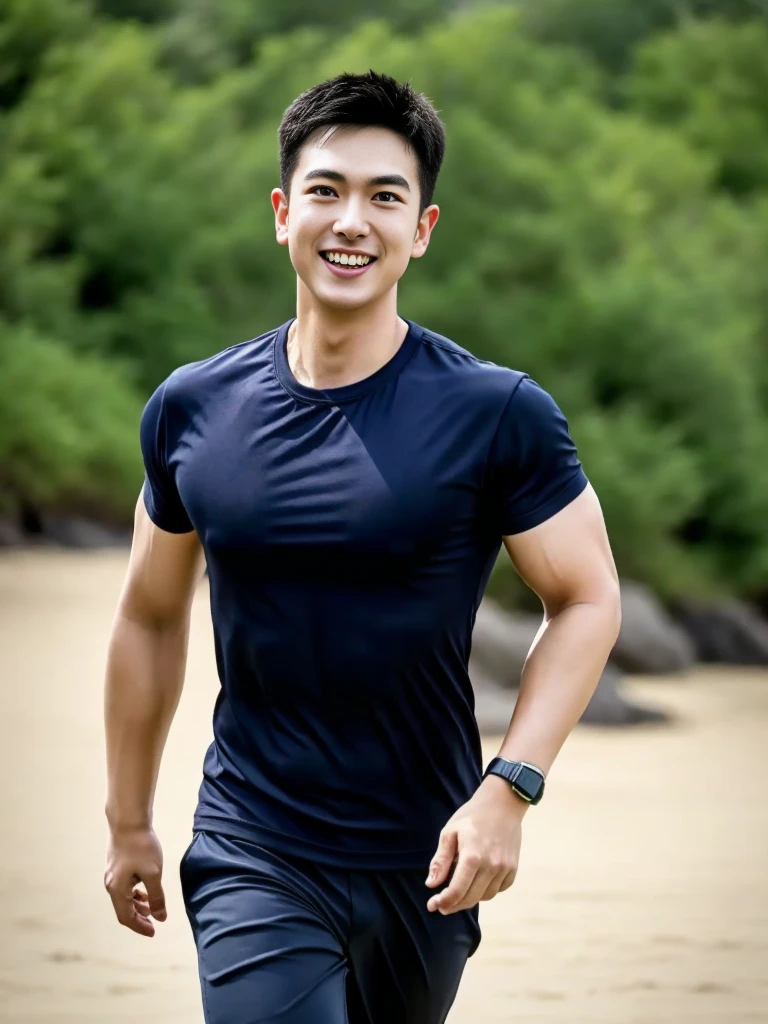 (Create a masterpiece: 1.2),(CGI art:1.3),(realistic:1.5),(After processing:1.3), (Sharp focus:1.3), 1 man, open mouth, smile, (Navy blue round neck shirt), Navy cargo pants, Korean guy , korean men, (High gloss details), chest muscles, large arm muscles, blood vessel, Big muscles, Broad shoulders, looking at the audience, Balancing the eyes, Seaside, beach, sunlight, running towards the camera