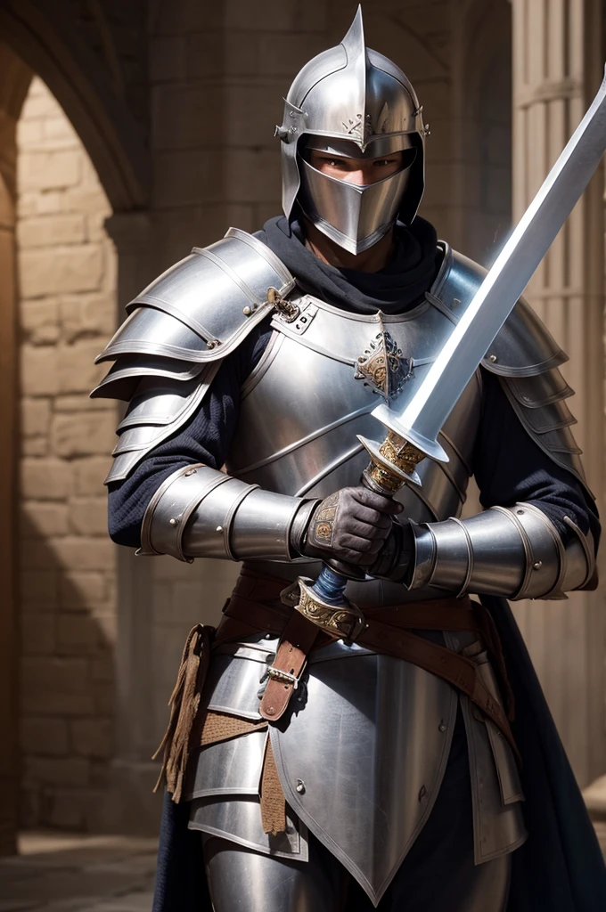 A medieval warrior in full armor holding a long shining sword