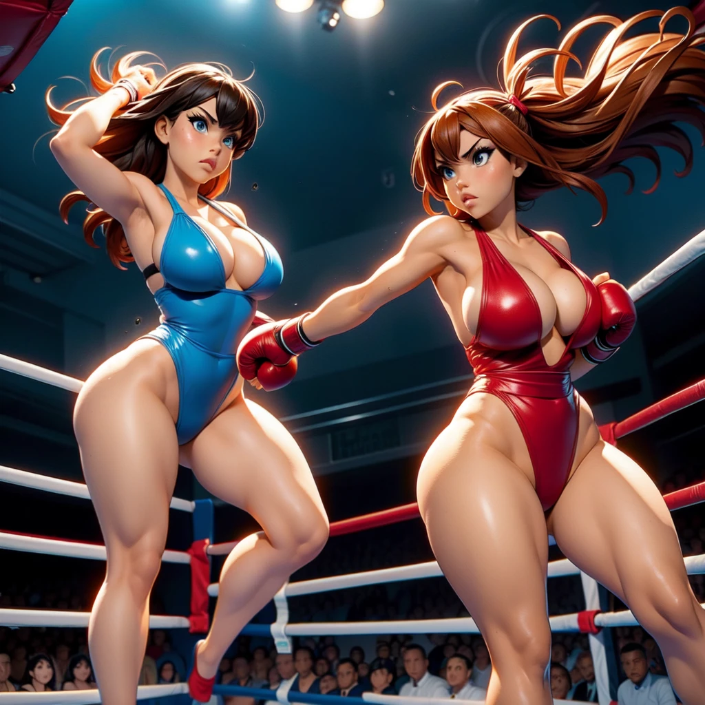 NSFW , In the Jungle Boxing ring , Small woman and big woman , Fullbody shot , Wear Monokini swimsuit with pantyhose , Female boxing Face to face, So huge breasts.